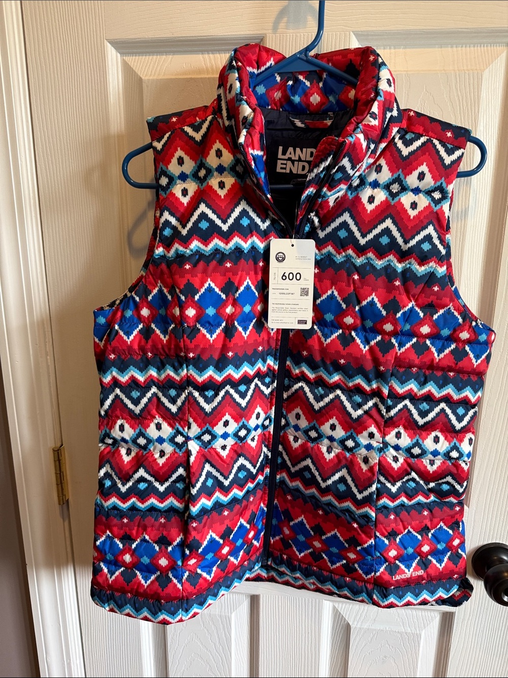 Lands' End Red, Navy & White Geometric Puffer Vest